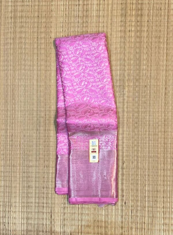 Charming Baby Pink Kanjivaram Silk Saree with All-Over Heavy Silver Zari Brocade