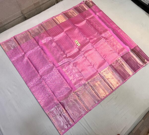 Charming Baby Pink Kanjivaram Silk Saree with All-Over Heavy Silver Zari Brocade