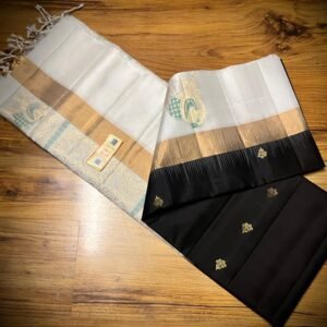 Elegant Black Kanchipuram Silk Saree with Gold Zari Buttas, Contrast White Border & Rich Gold Zari Pallu