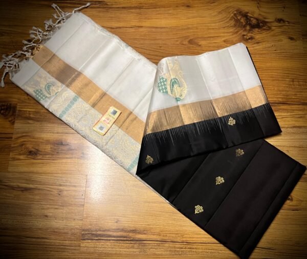Elegant Black Kanchipuram Silk Saree with Gold Zari Buttas, Contrast White Border & Rich Gold Zari Pallu