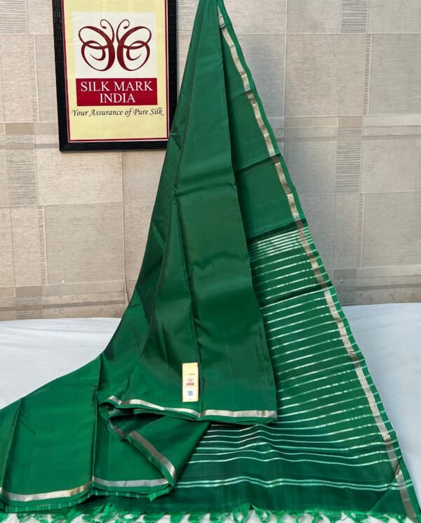 Vibrant Leaf Green Pure Silk Saree with Fine Zari Border and Striped Pallu