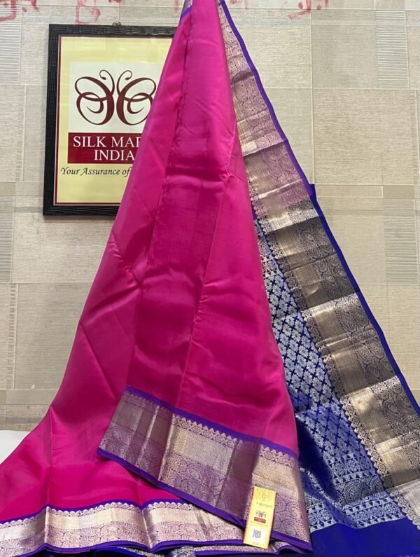 Radiant Magenta Pink Soft Silk Saree with Royal Blue Silver Zari Korvai Border & Pallu