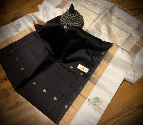 Elegant Black Kanchipuram Silk Saree with Gold Zari Buttas, Contrast White Border & Rich Gold Zari Pallu