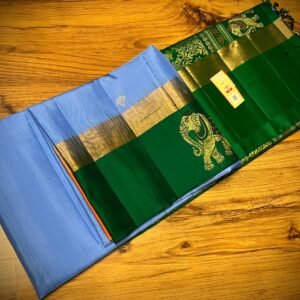 Elegant Sky Blue Kanchipuram Silk Saree with Gold Zari Buttas, Contrast Green Border & Rich Gold Zari Pallu