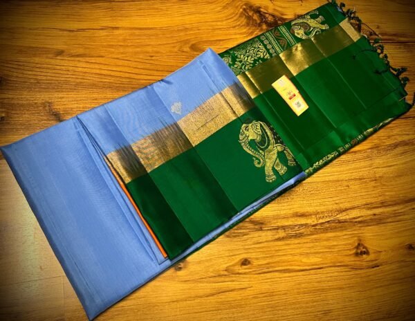 Elegant Sky Blue Kanchipuram Silk Saree with Gold Zari Buttas, Contrast Green Border & Rich Gold Zari Pallu