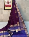 Royal Wine Purple Kanchipuram Silk Saree with Antique Gold Zari Buttas & Blue Contrast Border