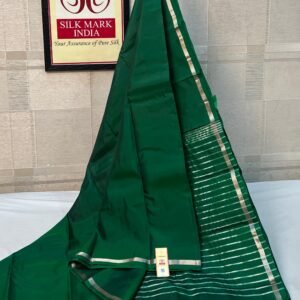 Deep Emerald Green Pure Silk Saree with Sleek Zari Border and Striped Pallu