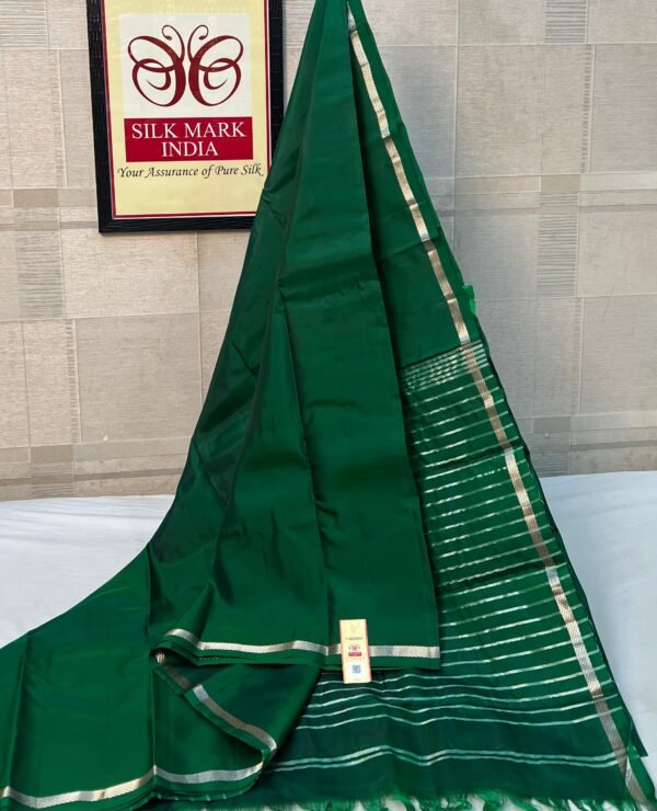 Deep Emerald Green Pure Silk Saree with Sleek Zari Border and Striped Pallu