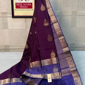 Royal Wine Purple Kanchipuram Silk Saree with Antique Gold Zari Buttas & Blue Contrast Border