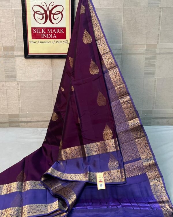 Royal Wine Purple Kanchipuram Silk Saree with Antique Gold Zari Buttas & Blue Contrast Border