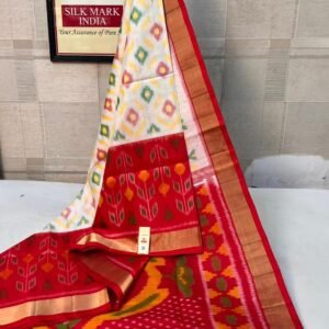 Elegant White & Red Gold Zari Pochampally Ikat Silk Saree
