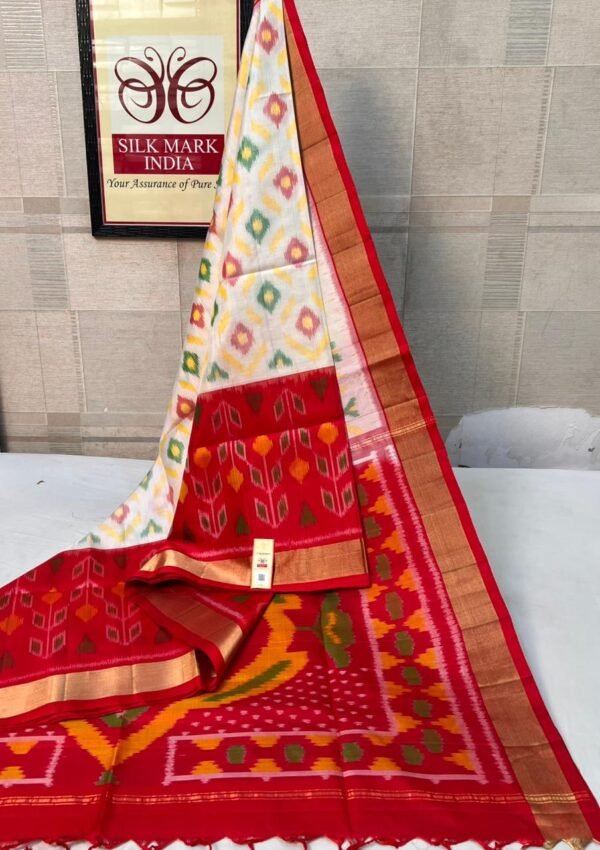 Elegant White & Red Gold Zari Pochampally Ikat Silk Saree