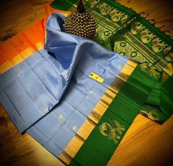 Elegant Sky Blue Kanchipuram Silk Saree with Gold Zari Buttas, Contrast Green Border & Rich Gold Zari Pallu