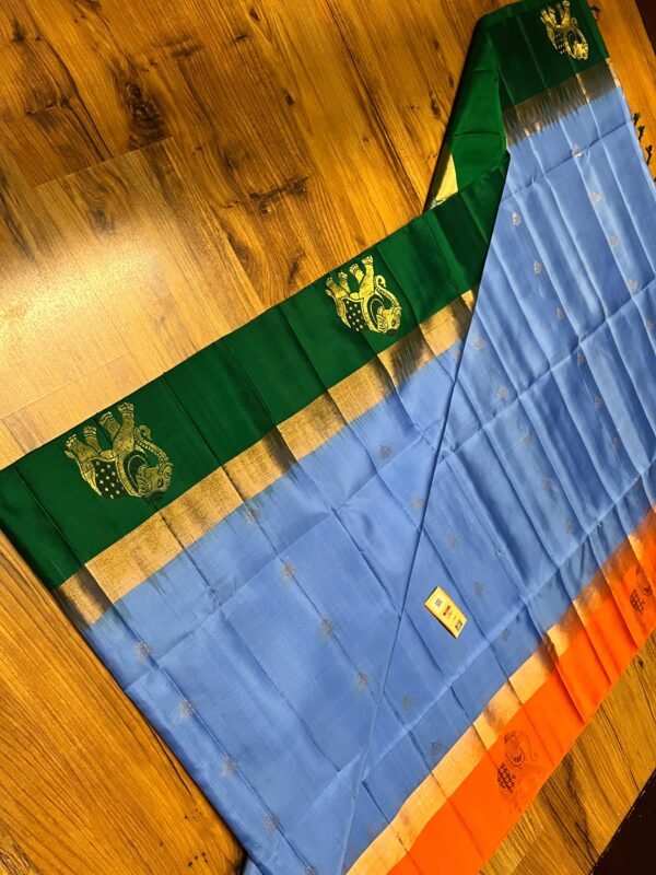 Elegant Sky Blue Kanchipuram Silk Saree with Gold Zari Buttas, Contrast Green Border & Rich Gold Zari Pallu