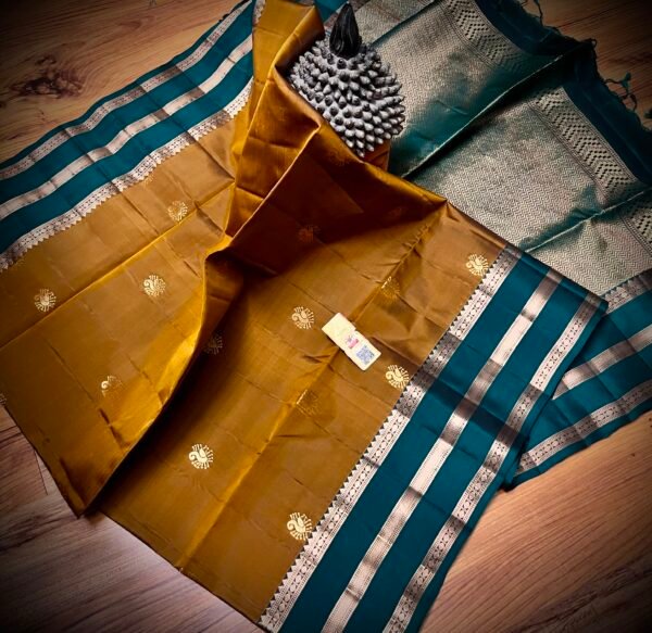 Mustard Gold Kanchipuram Silk Saree with Teal Blue Zari Border