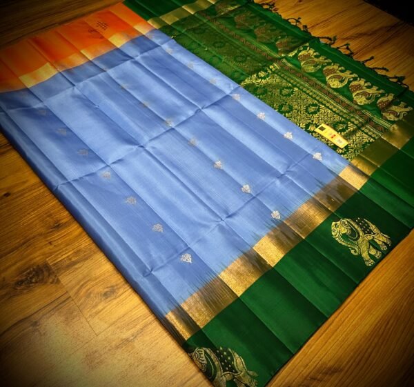 Elegant Sky Blue Kanchipuram Silk Saree with Gold Zari Buttas, Contrast Green Border & Rich Gold Zari Pallu