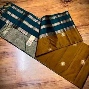 Mustard Gold Kanchipuram Silk Saree with Teal Blue Zari Border