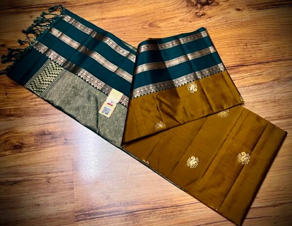 Mustard Gold Kanchipuram Silk Saree with Teal Blue Zari Border