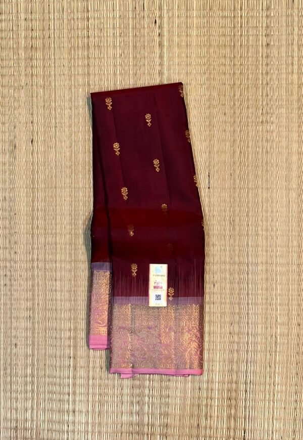 Majestic Wine & Blush Pink Kanjivaram Silk Saree with Gold Zari Buttas
