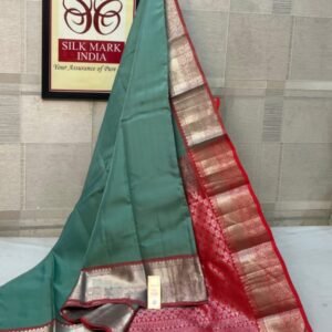 Elegant Sage Green Soft Silk Saree with Crimson Red Silver Zari Border & Pallu
