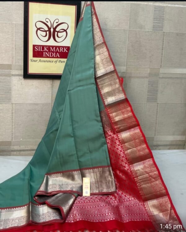 Elegant Sage Green Soft Silk Saree with Crimson Red Silver Zari Border & Pallu