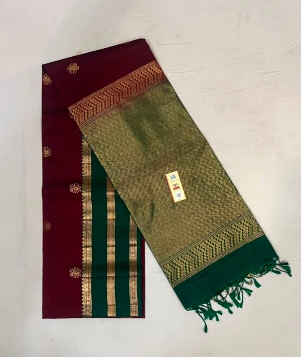 Elegant Maroon & Emerald Green Gold Zari Kanchipuram Silk Saree