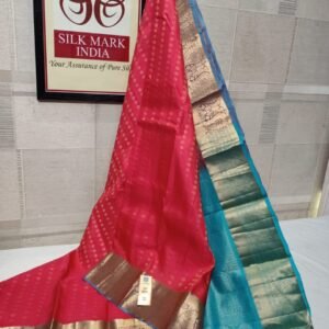 Rani Pink Pure Silk Gold Zari Kanchipuram Saree with Aqua Blue Contrast Pallu