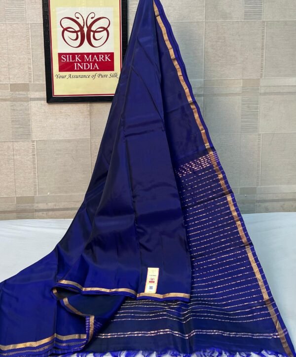 Ink Blue Kanjivaram Pure Silk Saree | Silk Mark Certified Striped