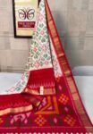Graceful White & Rani Pink Gold Zari Pochampally Ikat Silk Saree