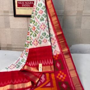 Graceful White & Rani Pink Gold Zari Pochampally Ikat Silk Saree