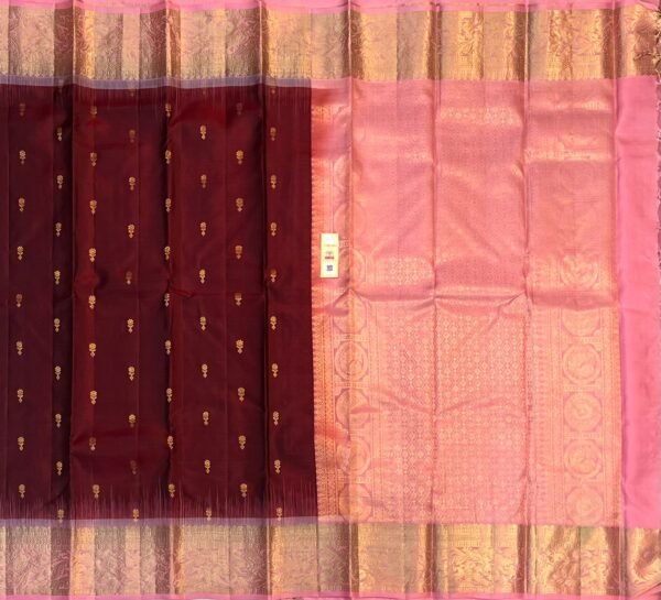 Majestic Wine & Blush Pink Kanjivaram Silk Saree with Gold Zari Buttas
