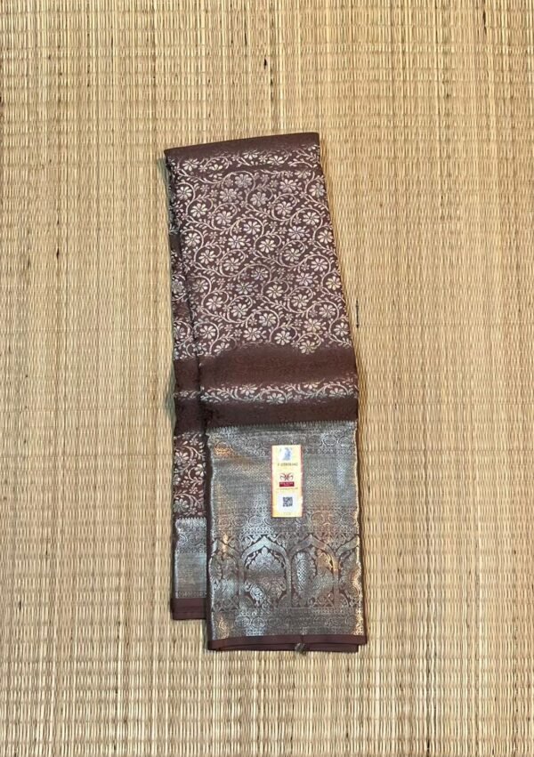Classic Coffee Brown Kanchipuram Pure Silk Saree with Silver Zari Floral Weave