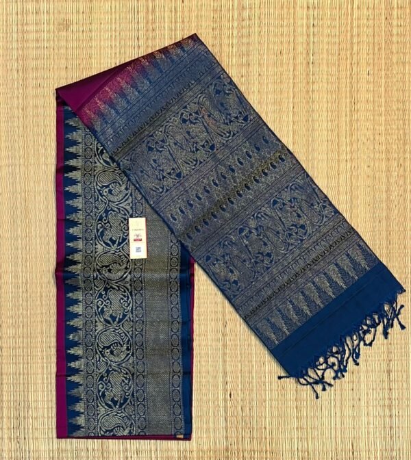 Royal Magenta & Navy Blue Gold Zari Turning Kanchipuram Silk Saree
