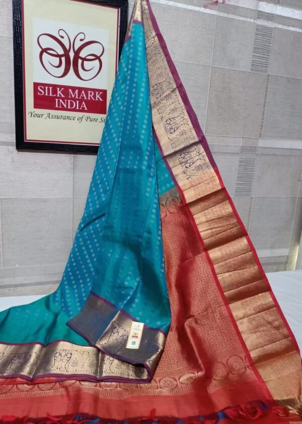 Sky Blue Pure Silk Gold Zari Kanchipuram Saree with Contrast Red Pallu
