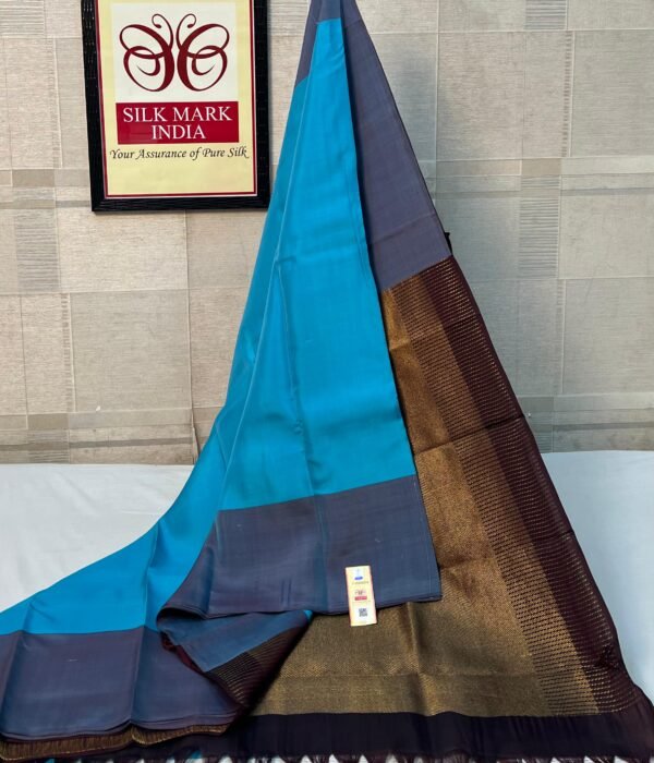 Feroza Blue Pure Silk Saree with Contrast Charcoal Grey and Rich Zari Border