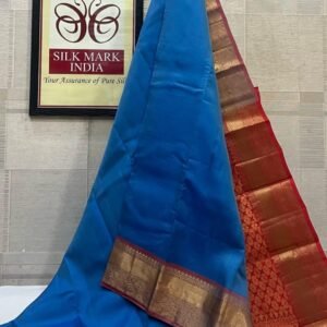 Stunning Royal Cerulean Blue Soft Silk Saree with Crimson Red Gold Zari Border & Pallu
