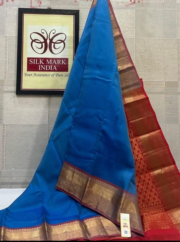 Stunning Royal Cerulean Blue Soft Silk Saree with Crimson Red Gold Zari Border & Pallu
