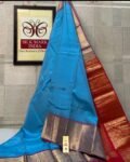Enchanting Sky Blue Soft Silk Saree with Crimson Red Gold Zari Border & Pallu