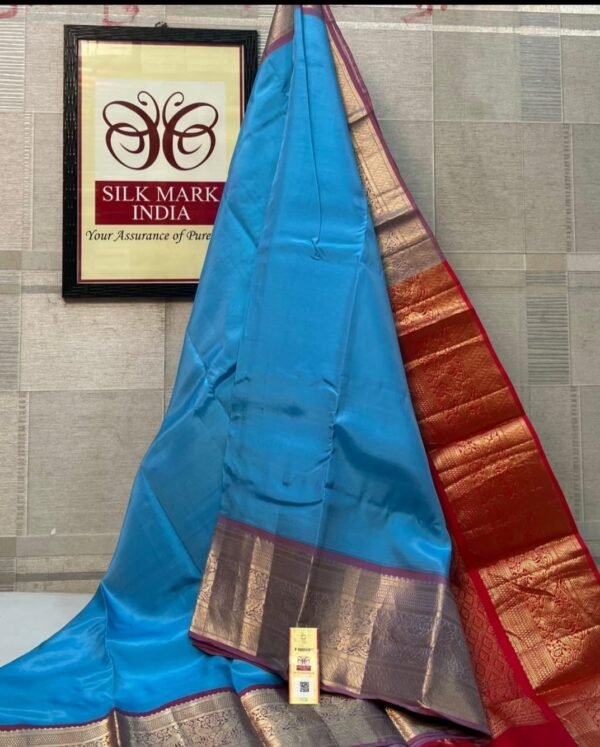 Enchanting Sky Blue Soft Silk Saree with Crimson Red Gold Zari Border & Pallu