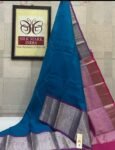 Regal Peacock Blue Soft Silk Saree with Magenta Pink Silver Zari Border & Pallu