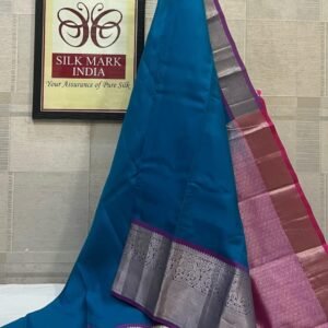 Regal Peacock Blue Soft Silk Saree with Magenta Pink Silver Zari Border & Pallu