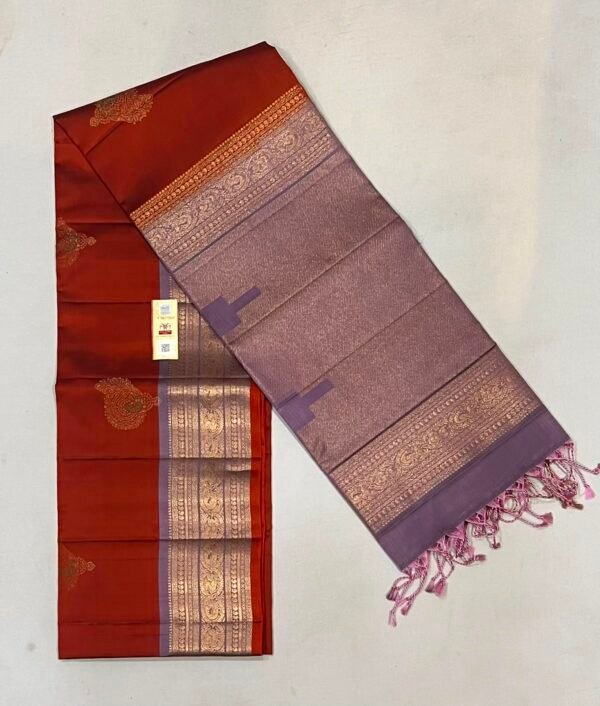 Traditional Rust Orange Kanchipuram Silk Saree with Gold Zari Motifs