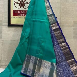 Stunning Teal Rama Green Soft Silk Saree with Royal Blue Silver Zari Korvai Border & Pallu