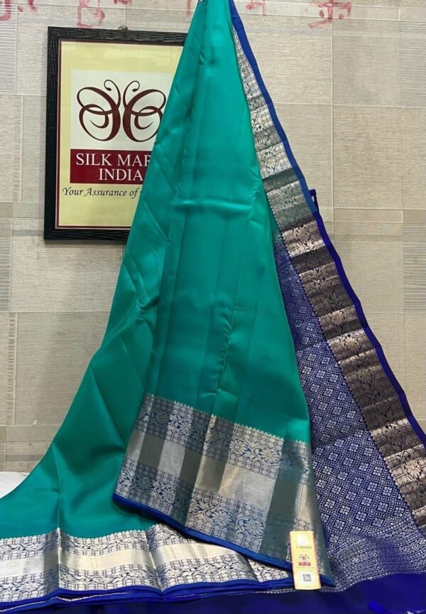 Stunning Teal Rama Green Soft Silk Saree with Royal Blue Silver Zari Korvai Border & Pallu