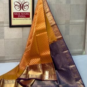 Radiant Mustard Yellow & Deep Violet Pure Silk Saree with Rich Gold Zari Border