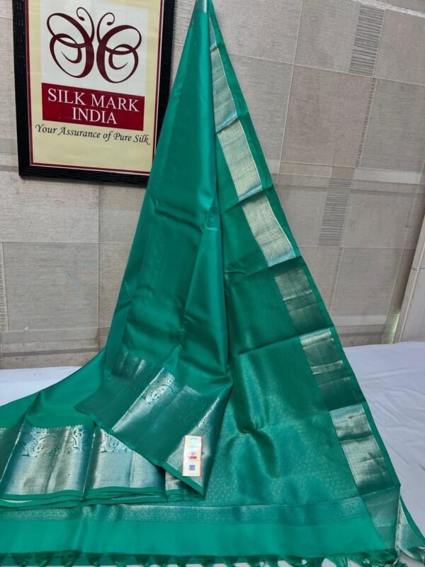 Enchanting Emerald Green Soft Silk Saree with Matching Border & Self Silver Zari Pallu