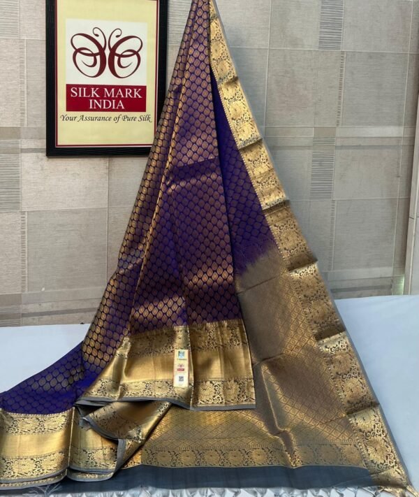 Majestic Royal Blue & Charcoal Grey Pure Silk Saree with Rich Gold Zari Border