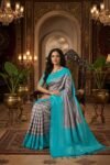 Aqua Blue & Silver Grey Gold Zari Checked Kanchipuram Silk Saree