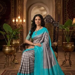Aqua Blue & Silver Grey Gold Zari Checked Kanchipuram Silk Saree