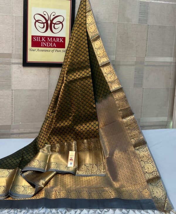 Enchanting Deep Bottle Green & Charcoal Grey Pure Silk Saree with Rich Gold Zari Border